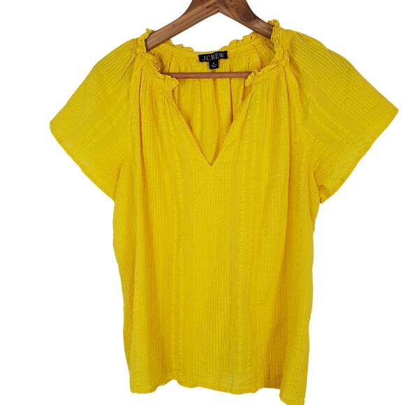 J.Crew Yellow Seersucker Ruffle Neckline V Neck Short Sleeve Top Size Medium - Picture 1 of 6